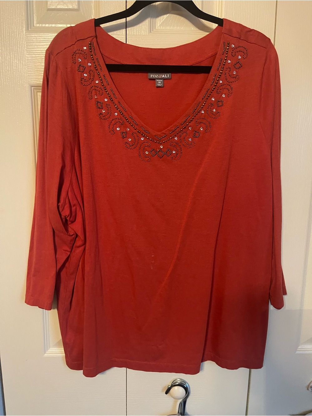 Roz & Ali Embellished V-Neck Long Sleeve Top in Rust